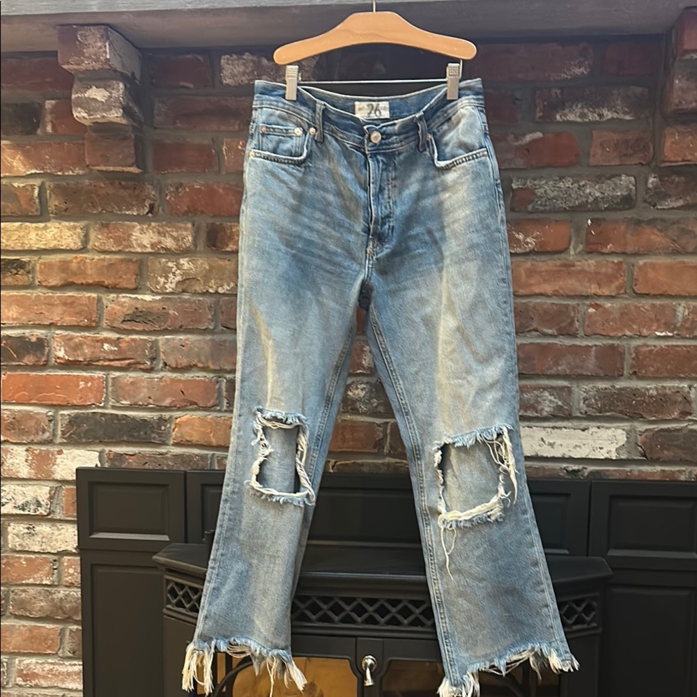 Distressed Blue Jeans we the free sz 26 free people ripped denim women’s pants.